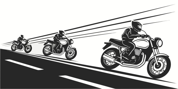 A group of motorcyclists riding down a road in a staggered formation Vector