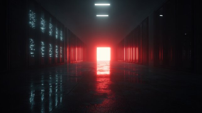 Room Filled With Servers and a Glowing Firewall Wall Blocking Data Stream Particles in a High Tech Space