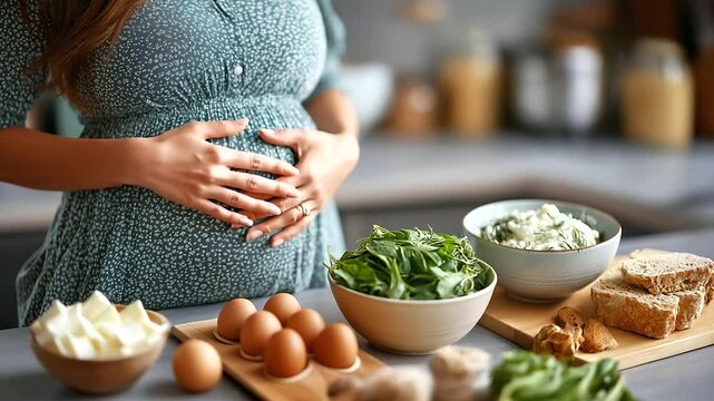 Pregnant women nutritional requirements, defocused prenatal health foods background, greater folic acid iron calcium protein amounts, helping bodies and babies thrive, pregnancy