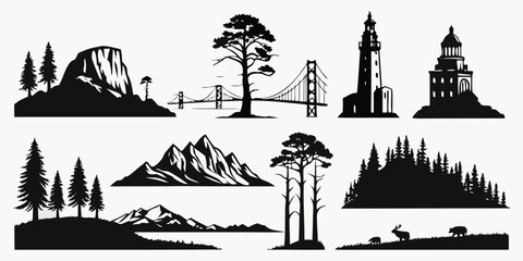 Fototapeta premium A collection of diverse trees and landscapes in black and white illustration Vector