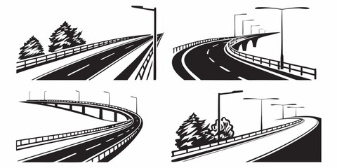 A series of four black and white illustrations depicting a train on a track Vector © Aaaa