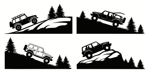 Obraz premium Four vehicles navigating through a mountainous terrain with steep inclines and declines. Vector