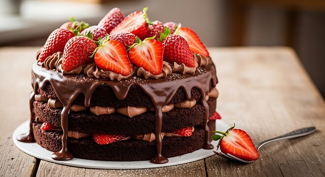 Chocolate Layer Cake with Fresh Strawberries.