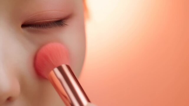 Slow closeup makeup application with soft brush on rosy cheeks