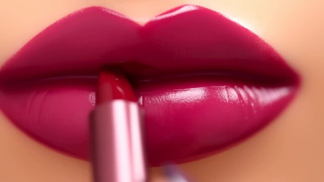 Applying vibrant lipstick closeup with smooth brush movement