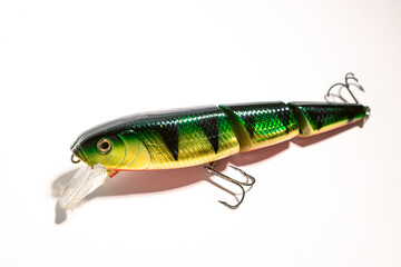 Fishing accessories bobbers, hooks, tackles, baits isolated on white background. Image for shop for fisherman. Close up © Krievietka