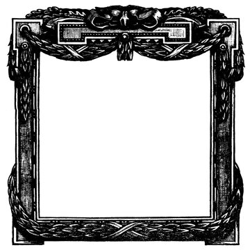 Heavy antique ornamental border frame element for vintage grunge gothic design, wood engraving print with worn texture. Black on transparent background