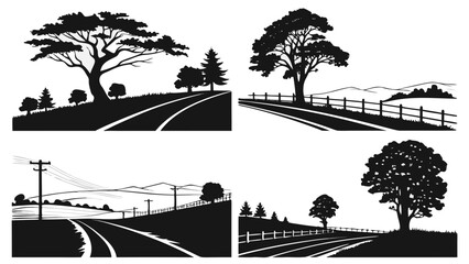 Four distinct scenes showcasing nature and infrastructure in black and white. Vector © Maisa
