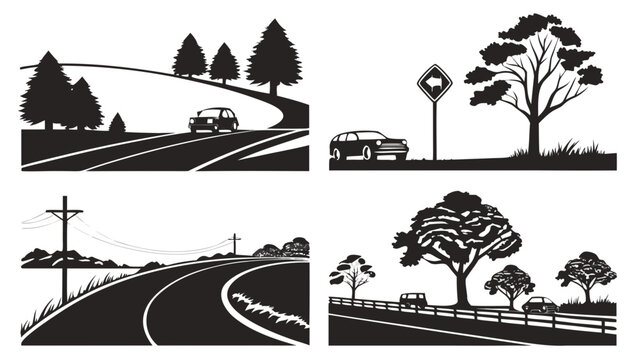 Four black and white illustrations of different landscapes and environments Vector