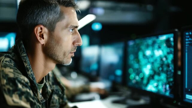 Close-up faceless experienced army officer studying satellite data on dual screens, defocused tactical maps and live drone feeds, soft blue and green digital glow, with copy space