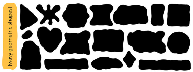 Obraz premium Abstract geometric element with irregular edges. Wavy oval, square frames. Rectangle, hearts shape with wave undulate borders. Doodle blobs for text. Box arch form with curvy organic edges.