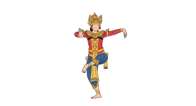 Balinese Traditional Legong Dancer Vector Illustration, Indonesian Culture Female Performer in Red and Gold Costume, Flat Style Character