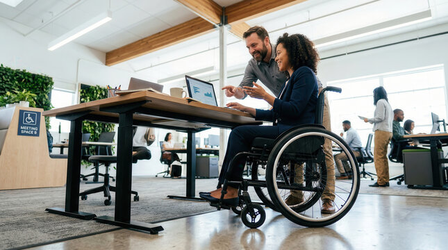 Businesswoman in wheelchair working on laptop with colleague.