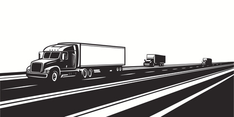 A large truck with a trailer driving on a highway in a black and white image Vector