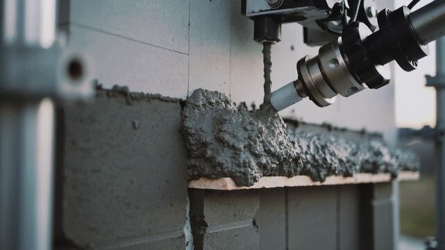 A robotic arm applies concrete to a wall section in an industrial setting with construction materials nearby outdoors