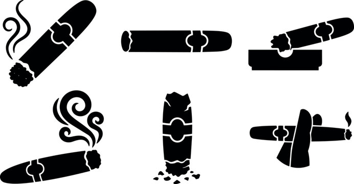 Flat design cigar icon set six silhouettes close up various angles smoking ashtray crushed butt minimalist black vector smoke icon