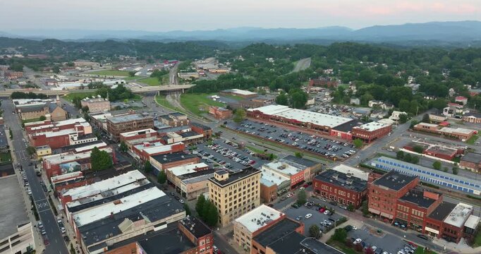 Johnson City, small historical city in northeastern Tennessee. Old buildings and Appalachian mountain backdrop in Washington County, USA.