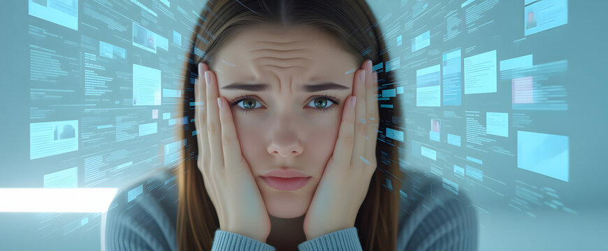 Young woman holding her head, overwhelmed by a digital interface and data screens, representing information overload concept and technology stress