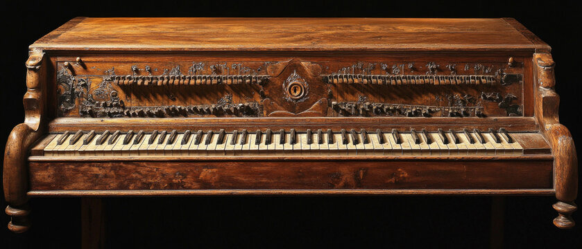 An antique harpsichord with carved patterns and mechanical parts reflects the musical heritage of past centuries, providing a unique backdrop for articles on music history or antique exhibitions.