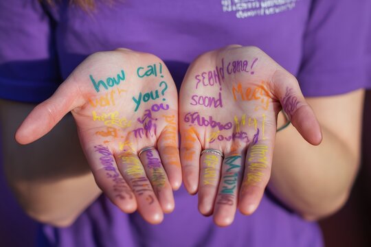 Two open hands with palms covered in vibrant handwritten words like Greg and symbols held up against purple shirt background. Positive self-expression concept for creative campaigns.