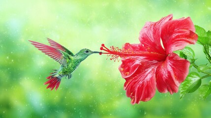 Fototapeta premium A hummingbird is drinking nectar from a red flower. The flower is surrounded by green leaves
