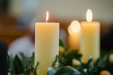 Fototapeta premium A beautifully tranquil arrangement showcasing candles, vibrant blossoms, and decorative eggs, perfect for spring themes