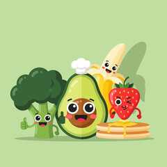 Fototapeta premium Cute cartoon avocado, broccoli, banana, and strawberry characters with pancakes