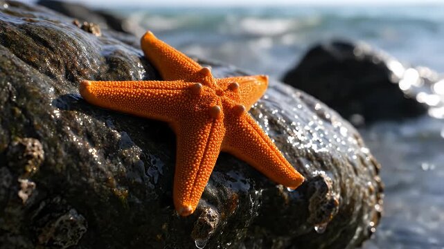 Orange Starfish Resting on a Rock Near the Ocean Water.
