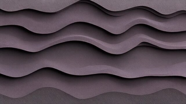 A layered abstract composition depicting undulating, textured planes in a monochromatic, purple-gray hue