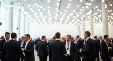 A large group of formally dressed men gathered in a brightly lit hall.