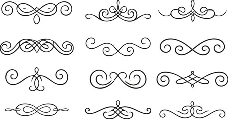 Collection of 12 unique black swirling line art designs and patterns