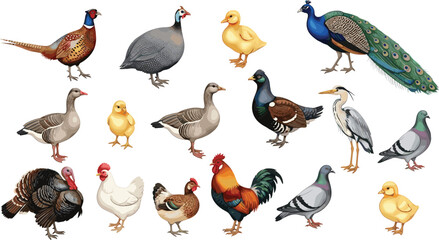 Obraz premium Farm and wild birds collection poultry wildlife realistic vector illustration set