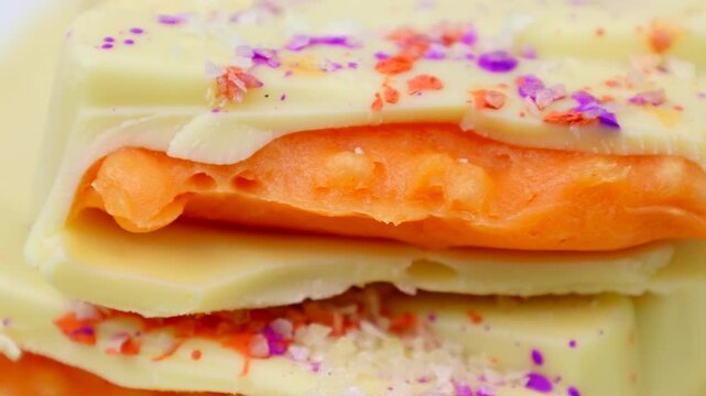 White Mango Dubai Chocolate bar with orange mango, passion fruit spread filling with popping candy close up