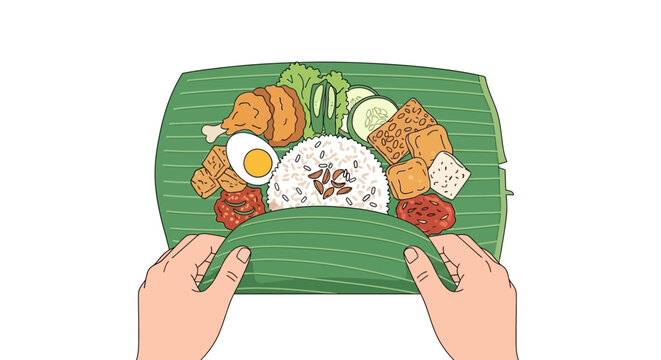 Hands Wrapping Traditional Indonesian Nasi Bakar or Grilled Rice in Banana Leaf, Southeast Asian Culinary Preparation Illustration Vector