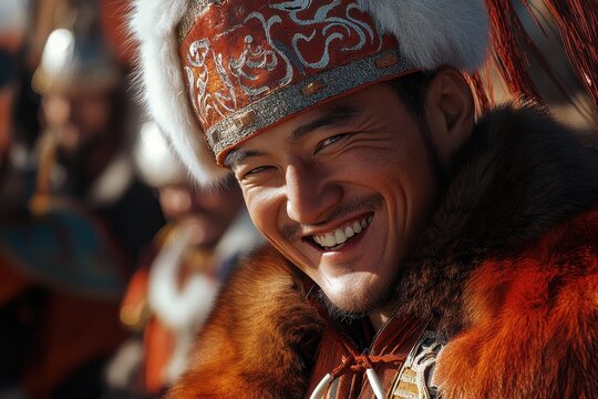 Retrato de um homem asi&aacute;tico sorridente vestindo trajes tradicionais da Mong&oacute;lia com chap&eacute;u de pele e bordados detalhados em um evento hist&oacute;rico.