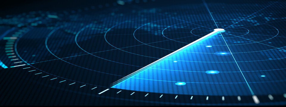Futuristic digital radar interface data detection and monitoring technology. Blue scanning beam over grid display represents cybersecurity, surveillance systems, advanced digital tracking concepts.
