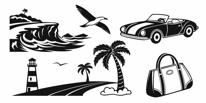 A tropical beach scene with a lighthouse, palm tree, and various vacation items Vector