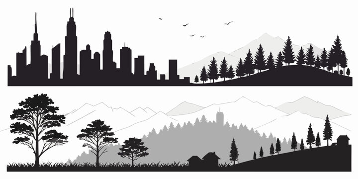 Silhouettes of trees and mountains in a serene landscape with a sunset sky Vector