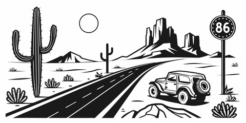 Vintage cars traveling through a desert landscape with cacti and mountains Vector © Jahid