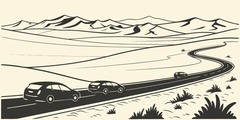 A serene landscape of rolling hills and a winding river under a clear sky. Vector © Jahid