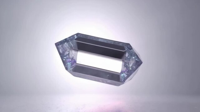 A 3D-rendered transparent polygonal prism with a hollow center floating against a minimalistic gradient background. Modern abstract digital art ideal for innovative design concepts. game inventory