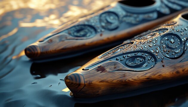 Close-up de dois caiaques artesanais em madeira esculpida com padr&otilde;es espirais e gotas de &aacute;gua brilhando sob a luz suave do entardecer no lago.