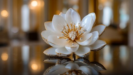 Exquisite White Lotus Flower Ornament with Sparkling Centerpiece and Elegant Reflections.
