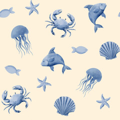 Seamless Watercolor Marine Pattern with Fish, Seashells, Starfish, jellyfish and crab on a beige background © Olha