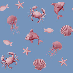 Seamless Watercolor Marine Pattern with Fish, Seashells, Starfish, jellyfish and crab on a light blue background © Olha