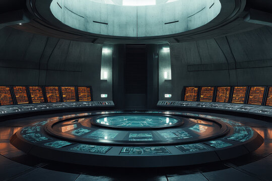 Crew members at control panels on Star Trek ship bridge.