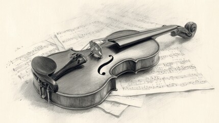 Obraz premium Violin on sheet music, grayscale