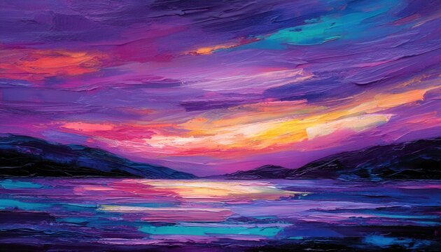 Pintura a &oacute;leo vibrante de um p&ocirc;r do sol sobre o lago com montanhas ao fundo, apresentando pinceladas texturizadas em tons de roxo e rosa.