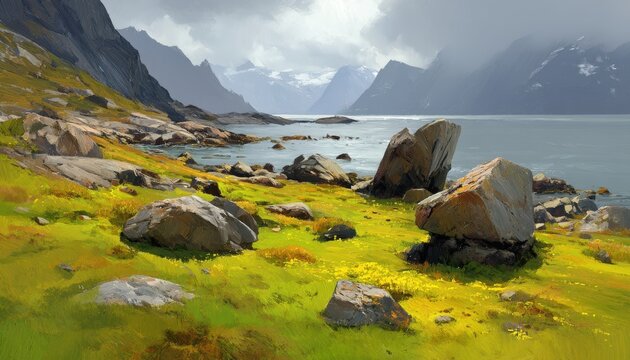 Vista panor&acirc;mica de fiordes com rochas imponentes, grama amarela vibrante e montanhas escarpadas sob um c&eacute;u nublado em uma paisagem n&oacute;rdica serena.