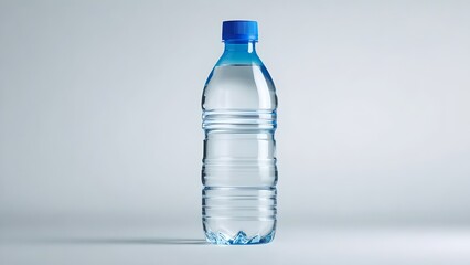 Clear Plastic Water Bottle with Blue Cap, Refreshing Hydration, Isolated on White Background.